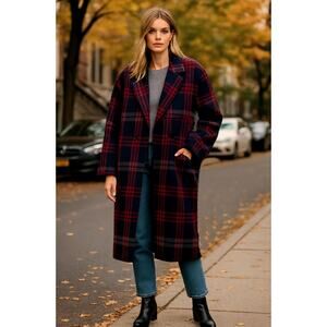 Sezane Vintage XL Oversized Slouchy 100% WOOL Plaid Coat Long Jacket Trench Blue